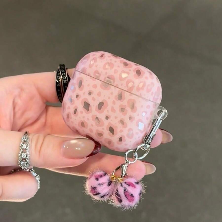 Elegant Pink Leopard Print Wireless Bluetooth Earphone Protective Case, Compatible With Apple Pro 3, Fashion Soft Shell For Pro 2 New Model - Pink - View 1