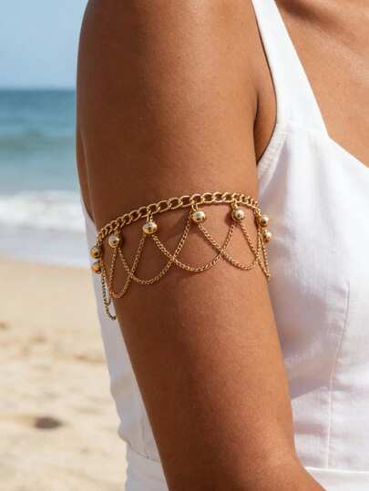 1 pieza Brazalete de cadena con borlas y múltiples colgantes, cadena de metal dorado estilo bohemio con dijes de bolas doradas, adecuado para uso diario, fiestas, festivales de música, playa, bikini, elegante y refinado para mujeres