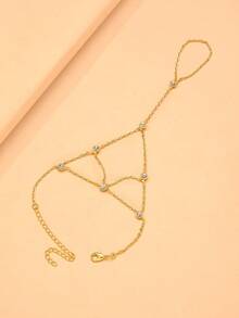 1pc Mesh Finger Chain Bracelet, Elegant Rhinestone Bracelet Jewelry Accessory - Gold - View 3