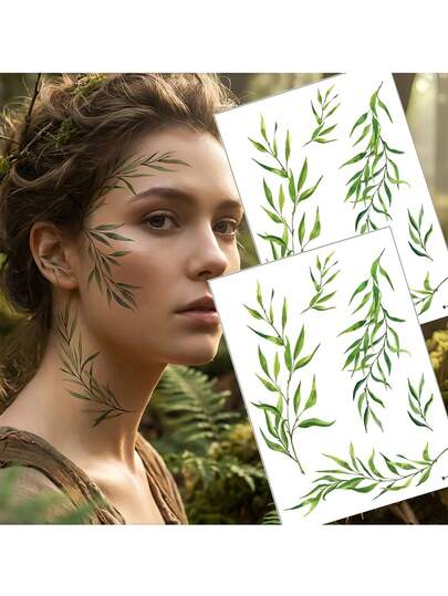 绿色柳藤临时纹身贴纸，独特清新绿色植物叶子仿真临时纹身，森林主题派对舞台临时纹身