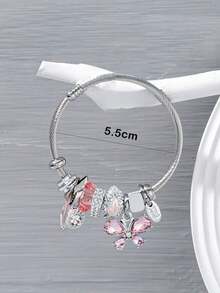 1pc Women's Fashion Elegant Minimalist Crystal Butterfly Pendant Bracelet - Pink - View 3
