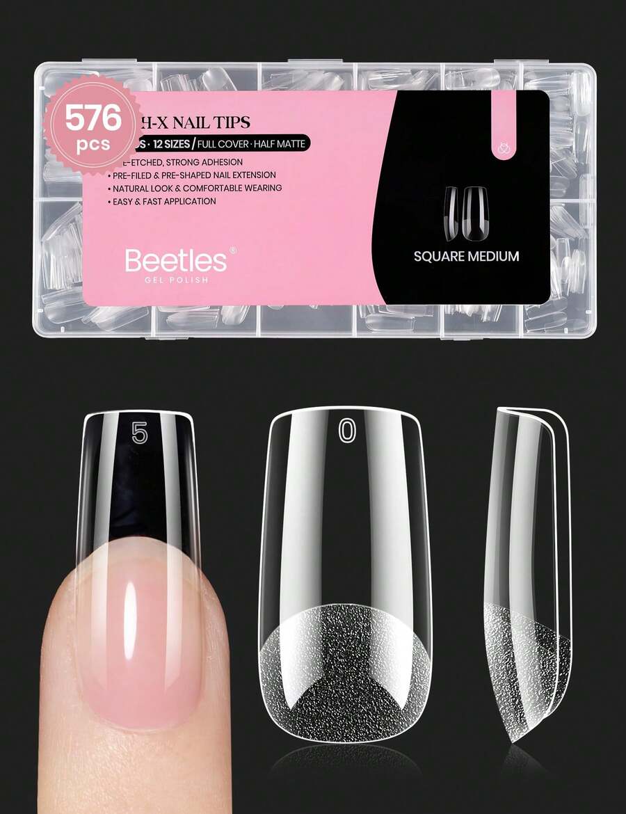 Beetles Nail Tips Medium Square 576Pcs 12 Sizes - Pre-Etched Soft Acrylic Nail Tips Half Matte False Nails Nail Art Full Cover Press Ons Nail Extensions Gift Set Home DIY Nail Salon - Bộ móng tay vuông cỡ trung bình 576 chiếc (móng tay khắc hình chữ X) - Xem 1