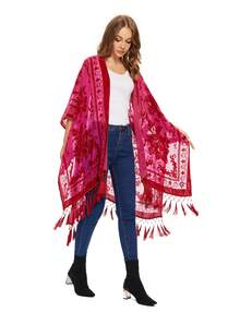 WeHello Women's Boho Burnout Velvet Kimono Long Cover Up With Tassel Casual Cardigan Shawl Flowy Fabric Beachwear Suit Womenswear Clothes Swimwear Coverups SpringStatements - Màu Hồng  San hô - Xem 4