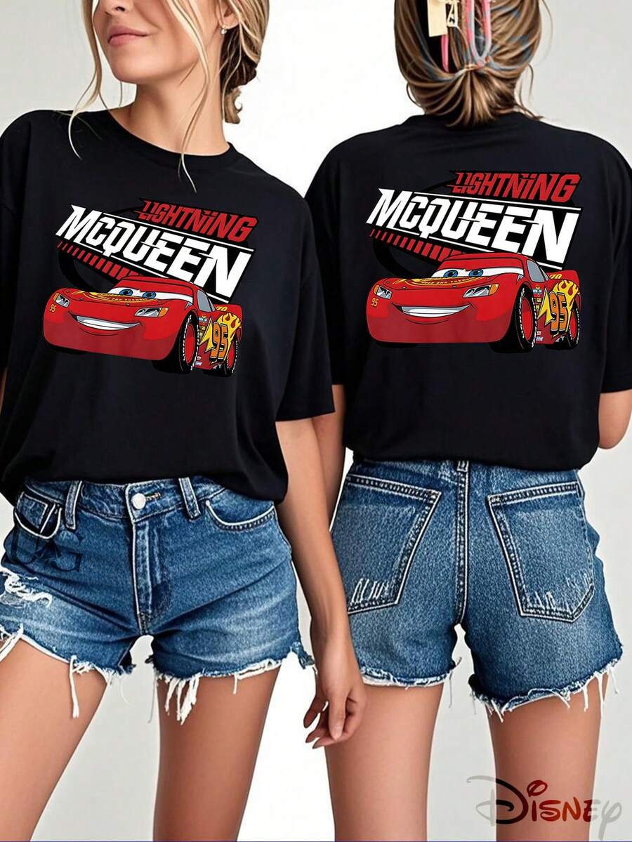 Authorized By Disney, Disney's "Car Story" Lightning McQueen Theme Print 100% Cotton T-Shirt-Creative Cartoon Print, Breathable Light Fabric, Regular Round Neck Street Casual Shirt In Spring And Summer, Disney Shirt, Excellent Holiday Gift, Loose Version. - Black - View 1