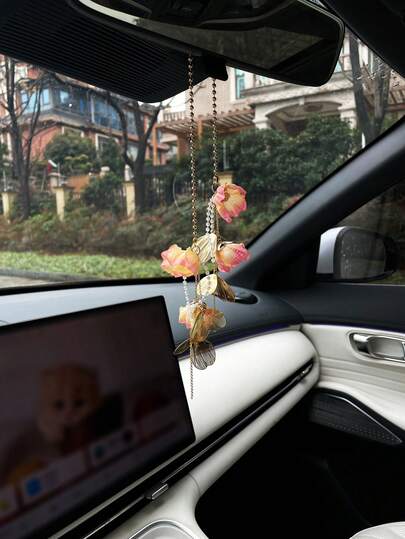 Pink Flower Petal Hollow Shell Long Tassel Car Pendant, Ethereal Car Rearview Mirror Decor