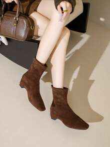 2026 New Square Toe Zipper Closure Chunky Heel Ankle Boots, Slim Fit Elevated Women Booties - Brown - View 8