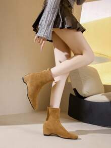 2026 New Square Toe Zipper Closure Chunky Heel Ankle Boots, Slim Fit Elevated Boots For Women - Apricot - View 8