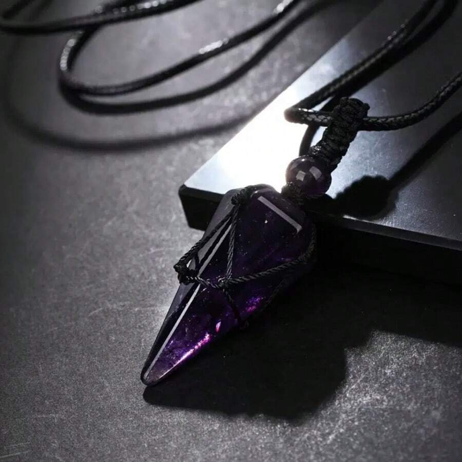Men's Natural Black Obsidian Hexagonal Pyramid Woven Rope Adjustable Necklace - Purple - View 1