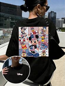 Disney Popular Spring And Summer Women'S Casual T-Shirts, Fashionable Women'S Clothing, Disney Licensed, Featuring A Patriotic Theme Print Of Mickey Wearing A Star-Striped Hat, Stylish And Versatile Short Sleeves For Women, Perfect For Daily Outings - màu đen - Xem 1