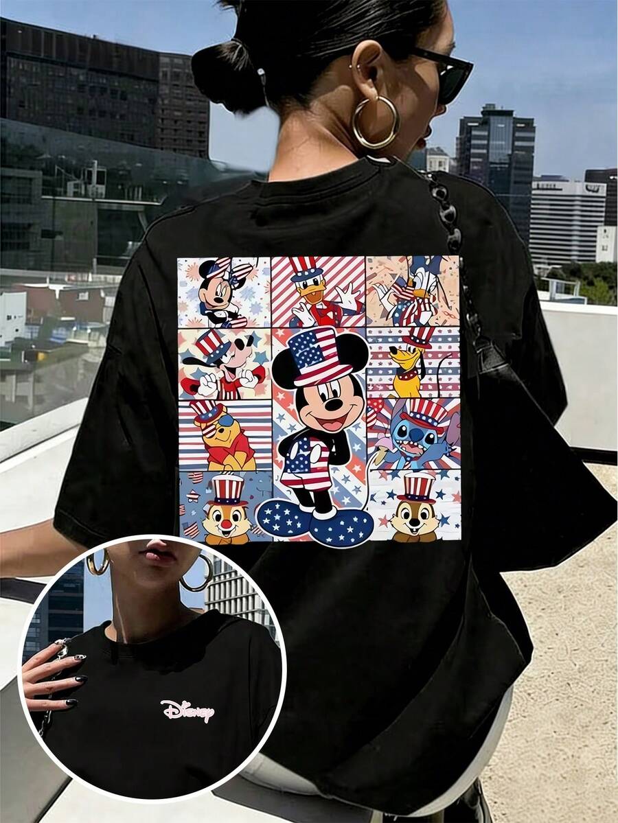 Disney Popular Spring And Summer Women'S Casual T-Shirts, Fashionable Women'S Clothing, Disney Licensed, Featuring A Patriotic Theme Print Of Mickey Wearing A Star-Striped Hat, Stylish And Versatile Short Sleeves For Women, Perfect For Daily Outings - màu đen - Xem 1