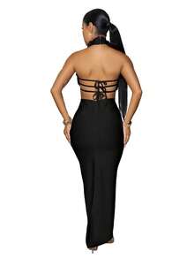 Women's Dresses Are Fashionable And Elegant, Solid Colors, Sexy Halterneck, Large Flower Decorations, Fresh And Artistic Sense Hip-Hugging Evening Dresses - màu đen - Xem 7