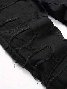Plus Size Men's Elastic Patchwork Cat Whisker Distressed Slim Fit Flare Jeans - Black - View 4