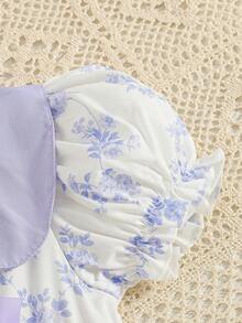 Summer Sweet Girls' Dress, Collar Lantern Sleeve Design, Floral Print Pattern, Bow Decor, Casual Fashionable Cute Girls' Dress, Suitable For Party, Dance, Daily Wear, Gift - Mauve Purple - View 4