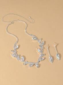 Juego de joyas de 3 piezas con diseño de hojas y gotas de agua, collar y aretes de boda, accesorios nupciales minimalistas de patrón geométrico, regalo de Acción de Gracias - color plata - Ver 3