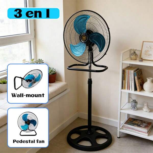 Ventilador de pie 3 en 1, ventilador de piso y ventilador de pared, ventilador de pedestal de metal de 18 pulgadas, rodamiento de bolas doble, 3 velocidades de viento, base circular de altura ajustable