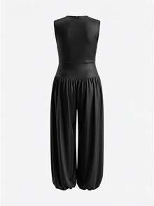 Áo tank top không tay cổ tròn dáng rộng dành cho nữ, có đệm vai, kèm quần dài. - màu đen - Xem 8