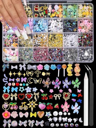 24 Grid Nail Art Set, For Design, Y2K 3D Charm Rhinestones, Gold Metal Nail Gems, Flat Back AB Nail Crystals Gold Pearl, 3D Fruit Flower Nail Jewelry Nail Supplies