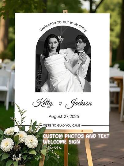 Biển chào mừng tiệc cưới và tiệc cô dâu được thiết kế riêng - Cá nhân hóa với ảnh và văn bản, có thể thêm tên và ngày tháng, tự tải ảnh lên để trang trí lối vào, tiệc cưới, sinh nhật (Biển trang trí và bảng kỷ niệm, không bao gồm chân đế)