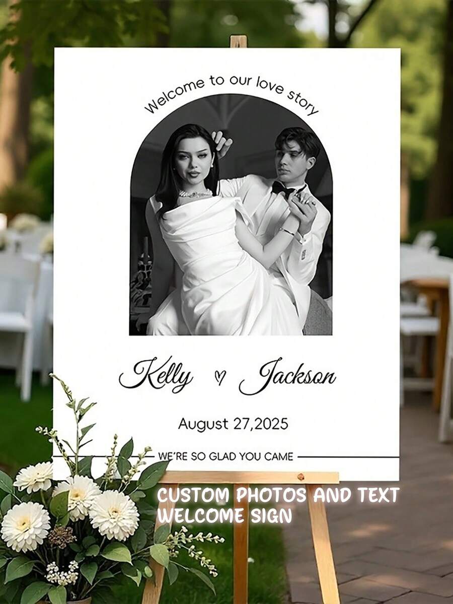 Customized Wedding & Bridal Party Welcome Sign - Personalized With Photo And Text, Can Add Name And Date, DIY Upload Photo For Entrance Decor, Decorative Sign, Excluding Stand - Multicolor 09 - View 1