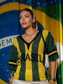 LARISSA KNITTING Beach Cover-Up Brazil Women's Knit Shirt Green Yellow Summer Cup - 黑色 - 查看 1