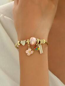 1 pieza Pulsera ajustable con lindo colgante de flor colorida, adecuada para uso diario (posición de los rhinestones al azar) - Rosa - Ver 5