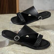 Fashionable Versatile Casual Open Toe Women's Slippers, Black Woven Strap Criss-Cross Design Flat Sandals, Suitable For Various Occasions - Black - View 8
