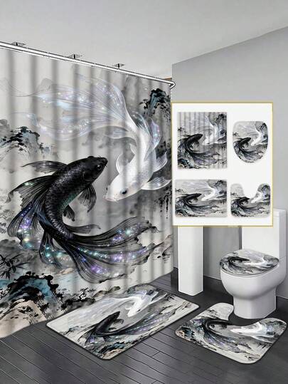 四件套锦鲤浴室套装 | 一键升级浴室氛围，包含防水浴帘、马桶盖套和双面防滑垫 | 经典黑白水墨画风格，动感锦鲤搭配远山纹理，点缀闪耀金粉细节，打造优雅浴室