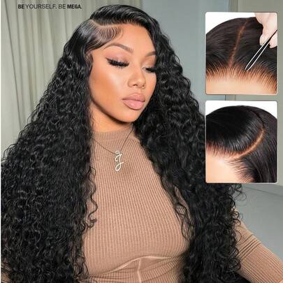 MEGALOOK Jerry Curly 13x4 无胶蕾丝前真人发假发，自然黑色，预漂白，隐形结，透明蕾丝，中号可调节假发帽，处女发假发，自然逼真，适合日常佩戴，可打造办公室、僵尸新娘、万圣节、派对、Y2K 风格、度假、户外角色扮演、校园、学校假期、圣诞节、派对、婚礼、节日等各种造型。