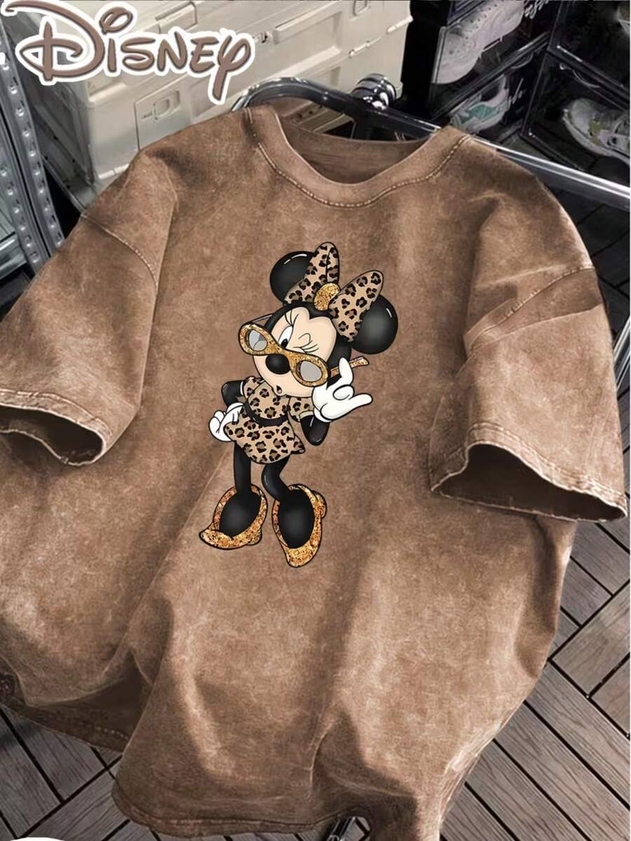 Disney Minnie Mouse Leopard Print Suit Fashion Glasses  Playful Cartoon Creative Print Stylish  Oversized Vintage T Shirt 2026 Spring Summer Crew Neck T Shirt Vintage Fashion Lovers Popular Vintage Crew Neck T Shirt - Khaki - View 1