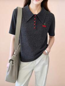 女士休闲撞色设计 Polo 领针织上衣，短袖，夏季 - 深灰色 - 查看 3