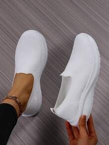 1 par de elegantes sapatos brancos para enfermeira, tênis casuais esportivos de tecido, cor sólida, sem cadarço, adequados para casa, escritório, primavera/outono. - Branco - Ver 5