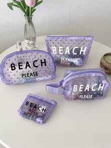 紫色植绒网眼心形化妆包，沙滩包，印有“Beach Please”字样。大容量透明化妆包，带尼龙拉链的洗漱包 - 轻便，可收纳防晒霜、零食、比基尼和沙滩必备用品。 - 彩色 - 查看 7