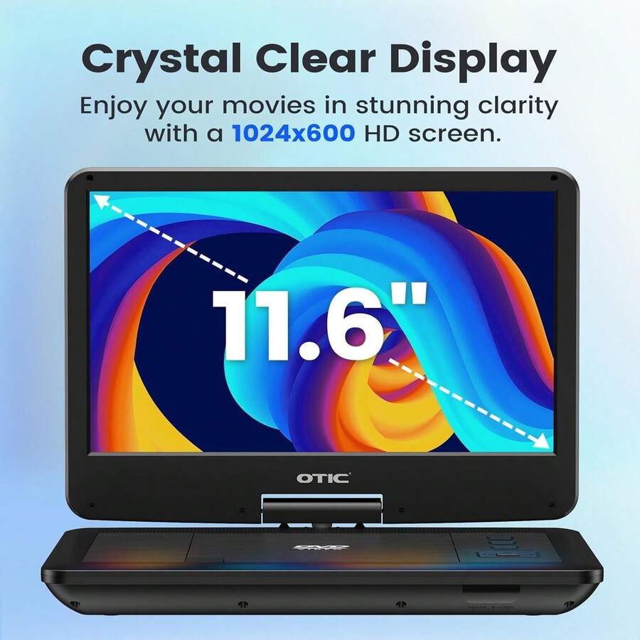 13" Portable DVD Player With 11.6" HD Swivel Screen, 6-Hour Battery, Car Headrest Mount & Remote Control, Supports DVD/CD/USB/SD, Dual Stereo Speakers - Black - View 1