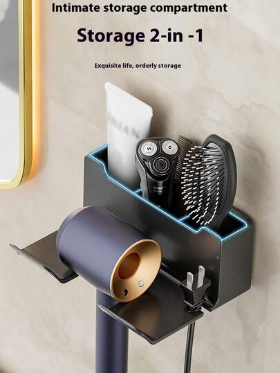 Wall-Mounted Hair Dryer Holder & Storage Rack, Hands-Free Hair Dryer Hanger, Bathroom Hair Dryer Organizer