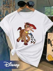 Disney Toy Story Jessie The Cowgirl Character And Heart Horse Classic Interactive Pattern Short-Sleeve T-Shirt, Perfect For Family Outings, Featuring A Vintage Disney Theme With A Round Neck Design For Women - 白色 - 查看 1