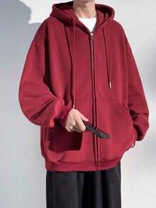 Open-Front Sweatshirt With Zipper And Hood For Cold Weather, Winter, Plain Jacket. - Burgundy - View 2