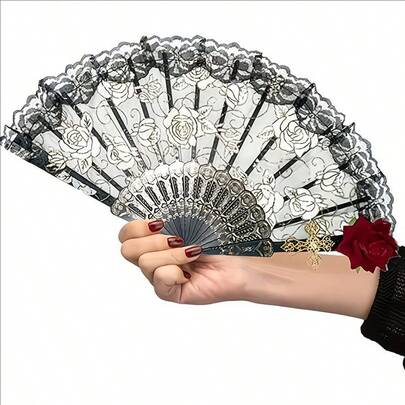 مروحة يدوية أنيقة سوداء بتصميم دانتيل الورد، مثالية للحفلات والأعراس، مناسبة لديكور الغرفة للرجال والنساء.