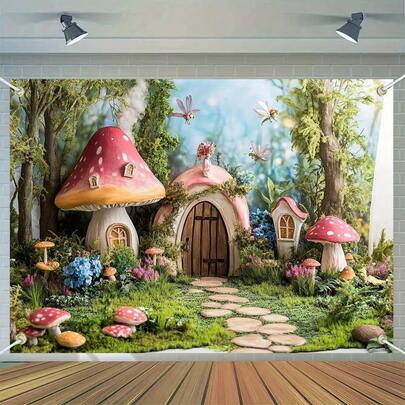 1 szt. Magiczny leśny domek z grzybami – tło z czarującą sceną z bajki, zawiera czerwony domek z grzybami, zielone liście i lampki choinkowe – samoprzylepna tapeta, odpowiednia na wesela