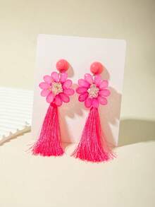 imoli 1 par de pendientes largos con borlas de estilo bohemio y exagerados, pendientes colgantes de color fucsia adecuados para el uso diario de las mujeres - 31556-ear-rose-EP - Ver 6