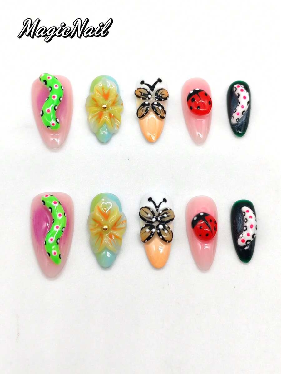 10片纯手工压制可佩戴美甲贴片，25mm长杏仁形，粉色、蓝色、绿色，立体凸起花朵、凸起蝴蝶形、凸起绿色。可爱美甲贴片，春季美甲贴片。 - 彩色 - 查看 1