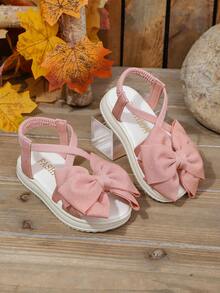 1 Pair Girls' Summer Sandals, Pink Double Bow Slip-On, Minimalist Versatile Sandals Suitable For Daily, Vacation, Outfit Matching - powder white - View 6