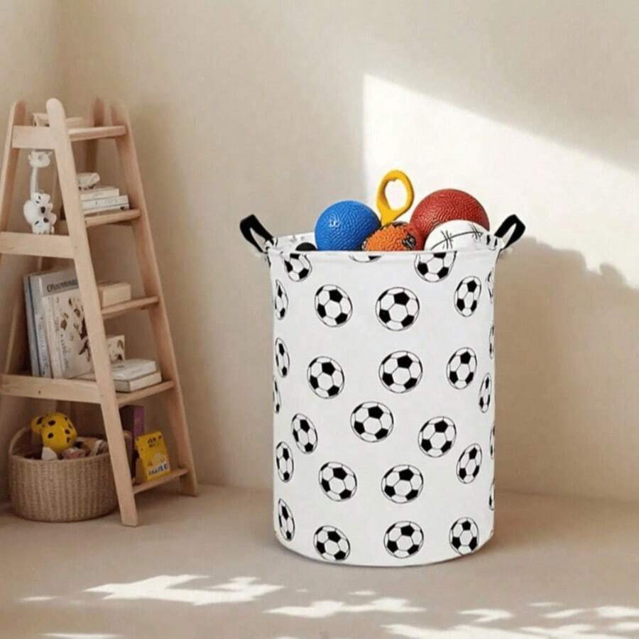 1pc Large Football Pattern Storage Basket, Suitable For Laundry Room/Bathroom/Home Decor, Foldable Round Storage Bin, Storage Basket/Box/Hamper - Multicolor - View 1