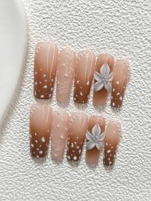 10Pcs Polka Dot Atmosphere Style Handmade Press On Nail,Polygel Nail Set,Five Petaled White Camellia,Polka Dot,Light Brown Nail Polish,Romantic Style,Includes Nail Tools,3 Sizes Available,Almond,Duck,Coffin Nails For Party,Dance,Daily Wear. - 彩色 - 查看 13