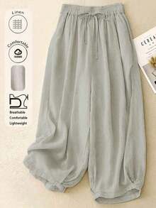 Comfortable Casual High Waist Elastic Linen Pants, Draping Effect, Suitable For Autumn & Summer - Grey - View 7