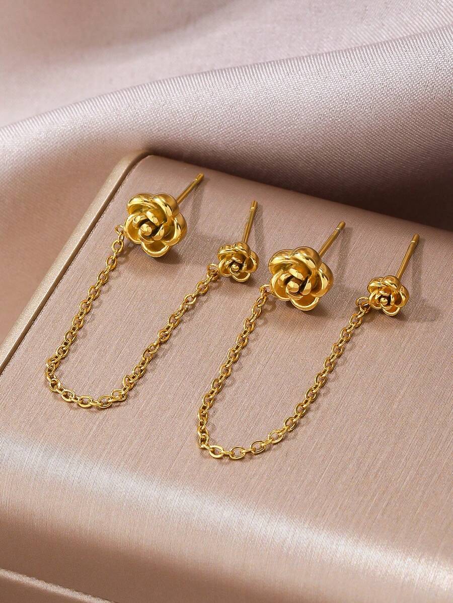 2pcs Elegant Camellia Flower Ear Cuff Earrings With Chain, Double Ear Cartilage Piercing Earrings, 18K Gold Plated Stainless Steel Fashion Jewelry, Women Daily Accessories - Gold - View 1