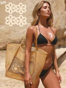 5pcs Set: Mesh Tote Bag + Strap Clips, Cosmetic Bag, Casual Tote, Foldable Ladies' Picnic Shoulder Bag, Waterproof, Foldable, Essential Bag, Multifunctional Strap Shopping Bag, Mesh Hollow Bag, Mesh Bag, Bathroom Storage Bag, Multifunctional Toiletry Bag, Bathroom Bag And Shoulder Strap Bag, Lightweight, Large Capacity Portable Mesh Beach Bag, Suitable For Family Travel, Vacation, Beach, Camping And Hiking, Summer Holiday Bag, Cosmetic Bag - Khaki - View 2