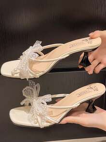 Tacones altos de punta fina con lazo de strass plateado, de tacón alto y delgado, de estilo slip-on - Beis - Ver 2