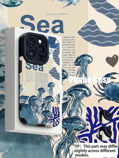 1pc Healing Blue Toned Octopus & Jellyfish Deep Sea Illustration Pattern Vertical Faux Leather Scratch-Resistant Premium Soft Phone Case, Suitable As Birthday/Holiday Gift For Friends, Family, Couples, Compatible With IPhone 17/17 Air/17 Pro/17 Pro Max, 16/16 Plus/16 Pro/16 Pro Max, 15/15 Plus/15 Pro