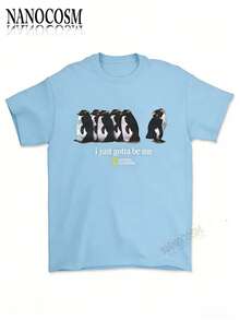 [100% Cotton] I Just Gotta Be Me National Geographic Penguin Print Shirt, Retro Streetwear Tropical, Casual Round Neck Short Sleeve Pullover Tops For - 藍色 - 查看 1