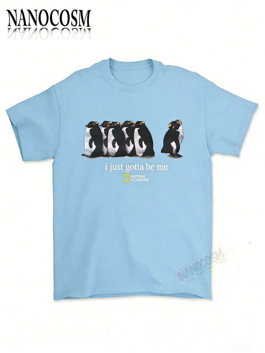 [100% Cotton] I Just Gotta Be Me National Geographic Penguin Print Shirt, Retro Streetwear Tropical, Casual Round Neck Short Sleeve Pullover Tops For - 藍色 - 查看 1